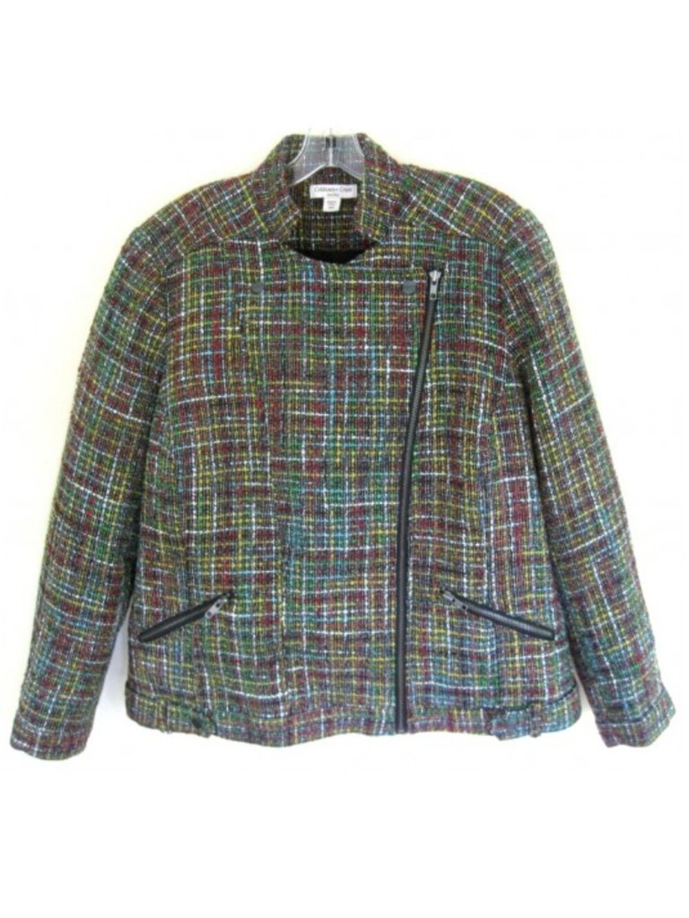 NWT Plaid zip jacket W 18 Multi Zipper trim Pockets Texture Boucle Lined 1X Plus